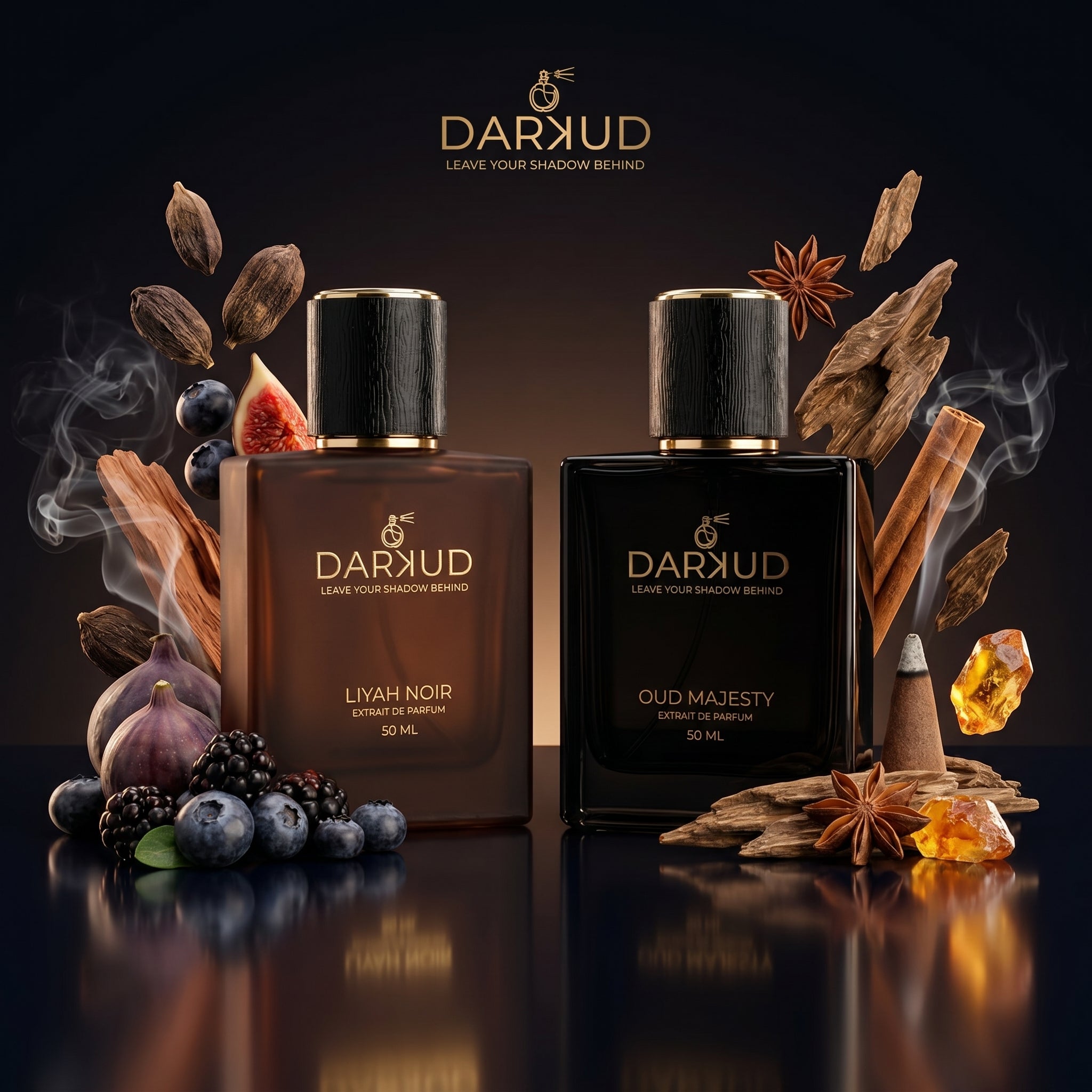 Luxury Perfume Combo | LIYAH NOIR 50ML + OUD MAJESTY 50ML | 2 Premium Extrait De Parfum Fragrances | Long Lasting Fruity Smoky Woody Musky & Oud Spicy Woody Scents | Gift Set 100ML