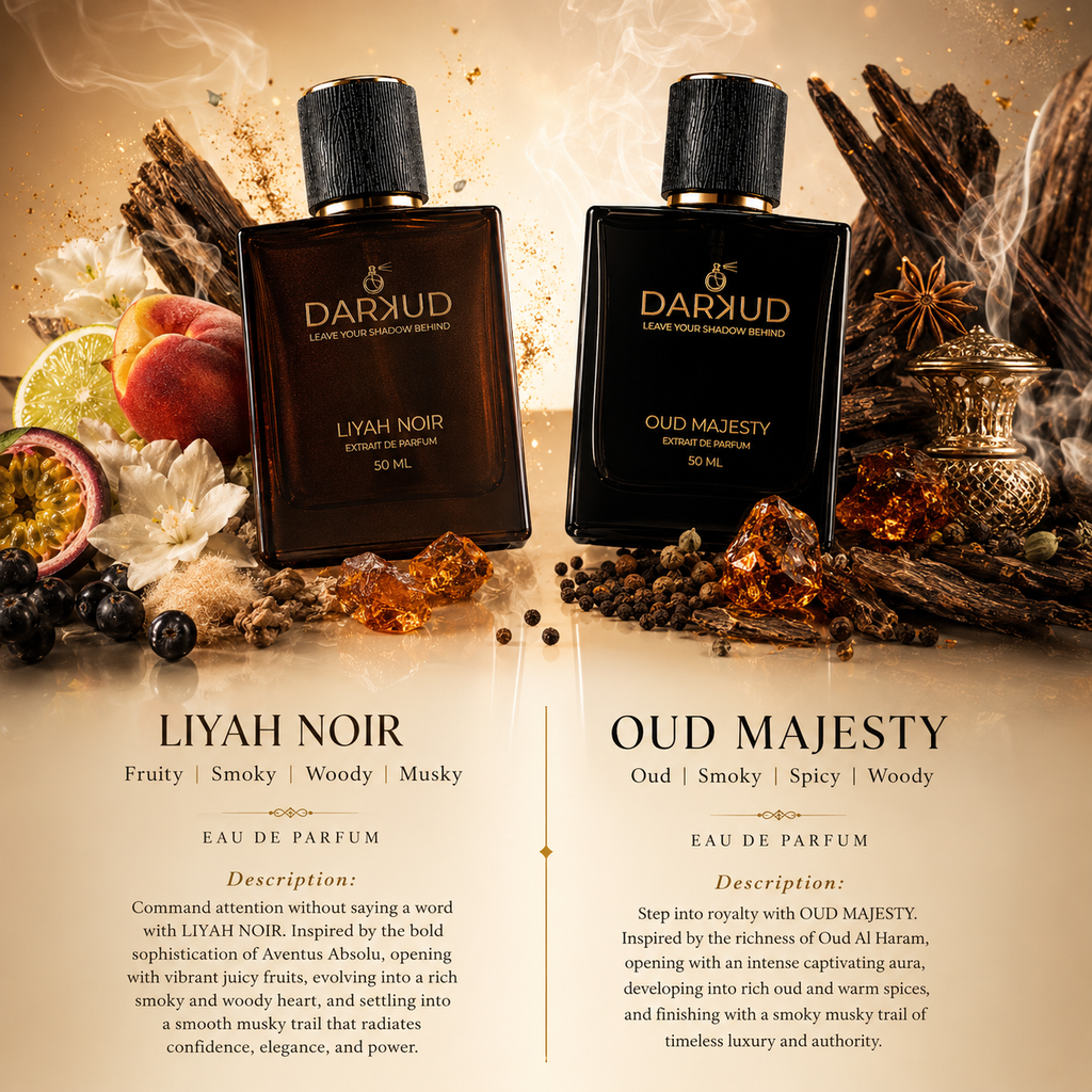 Luxury Perfume Combo | LIYAH NOIR 50ML + OUD MAJESTY 50ML | 2 Premium Extrait De Parfum Fragrances | Long Lasting Fruity Smoky Woody Musky & Oud Spicy Woody Scents | Gift Set 100ML