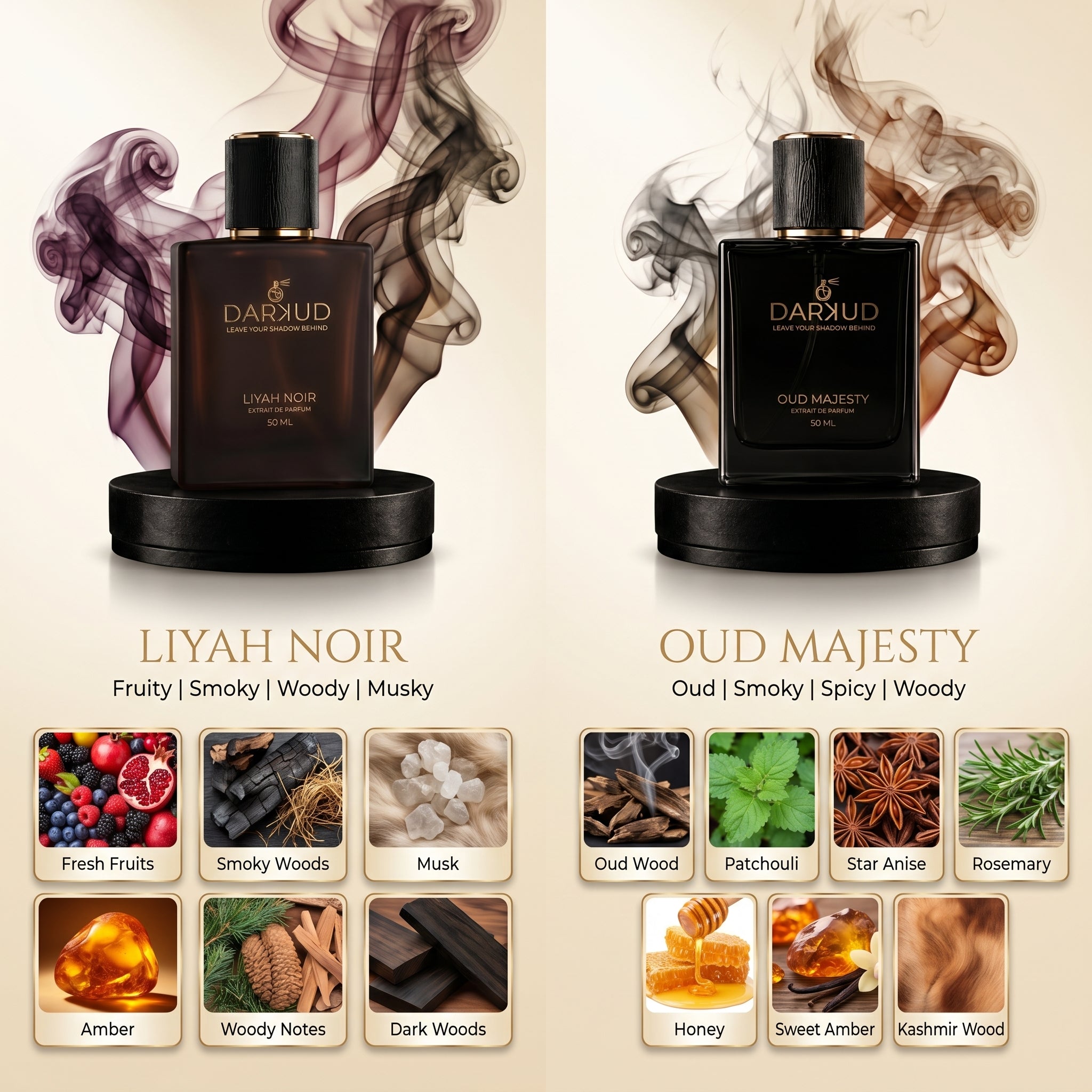 Luxury Perfume Combo | LIYAH NOIR 50ML + OUD MAJESTY 50ML | 2 Premium Extrait De Parfum Fragrances | Long Lasting Fruity Smoky Woody Musky & Oud Spicy Woody Scents | Gift Set 100ML