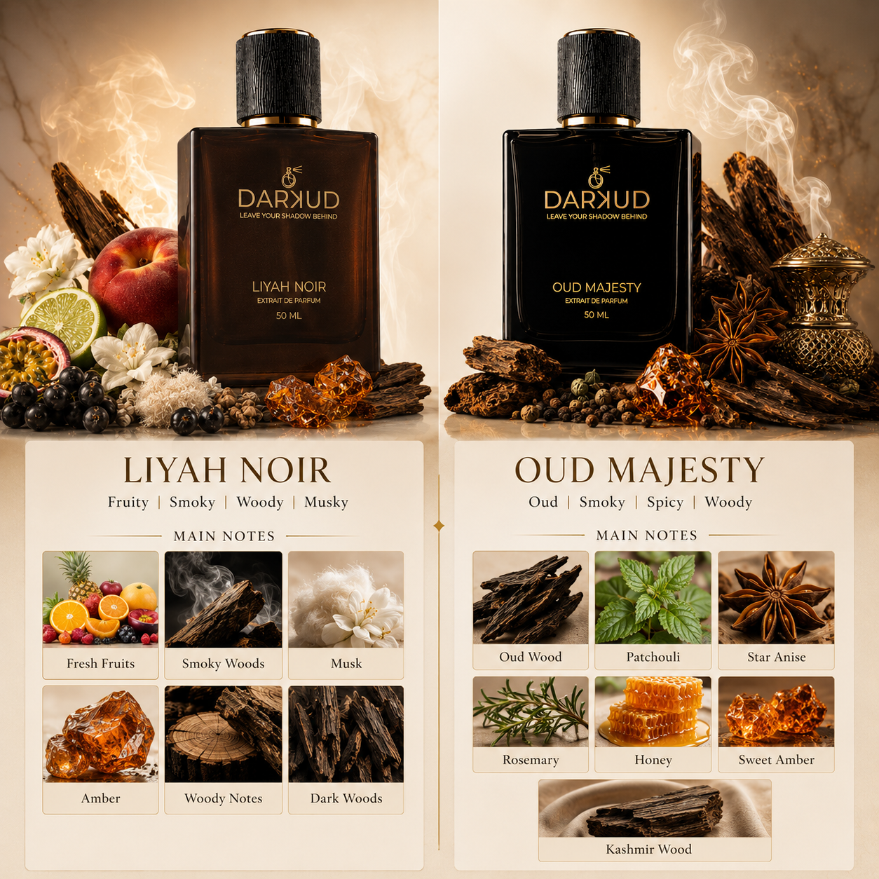 Luxury Perfume Combo | LIYAH NOIR 50ML + OUD MAJESTY 50ML | 2 Premium Extrait De Parfum Fragrances | Long Lasting Fruity Smoky Woody Musky & Oud Spicy Woody Scents | Gift Set 100ML