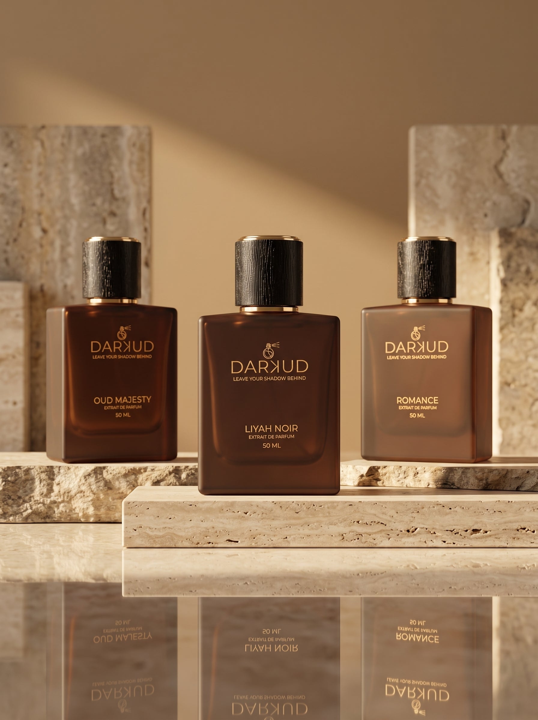 DARKUD Signature Luxury Perfume Trio  LIYAH NOIR • OUD MAJESTY • ROMANCE Extrait de Parfum | 3 × 50 ML