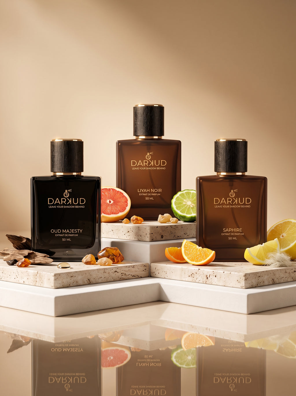 DARKUD Signature Luxury Perfume Trio  LIYAH NOIR • OUD MAJESTY • SAPHIRE Extrait de Parfum | 3 × 50 ML