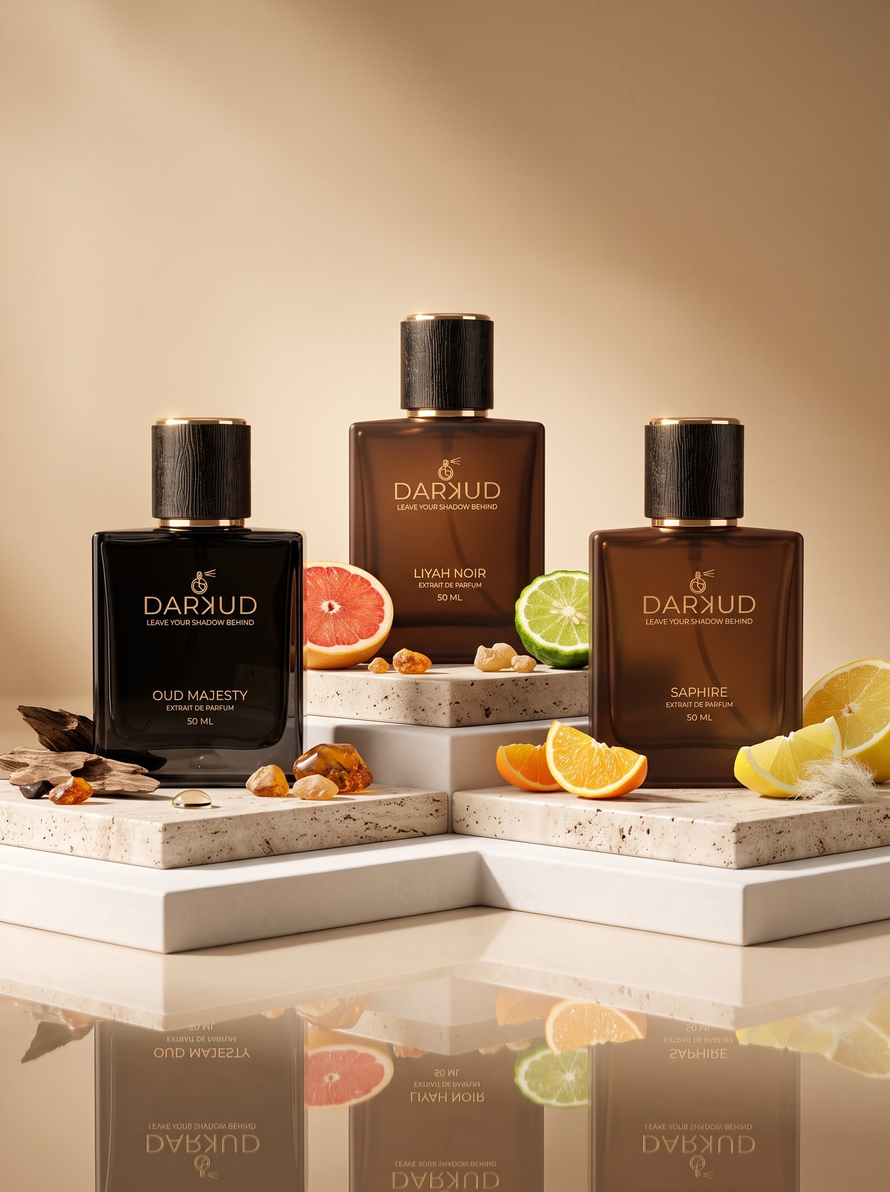 DARKUD Signature Luxury Perfume Trio  LIYAH NOIR • OUD MAJESTY • SAPHIRE Extrait de Parfum | 3 × 50 ML